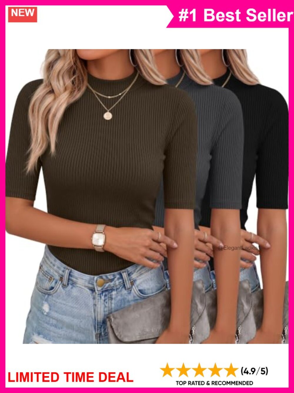 3 Pack Ribbed Turtleneck T-Shirts Slim Fit Half Sleeve